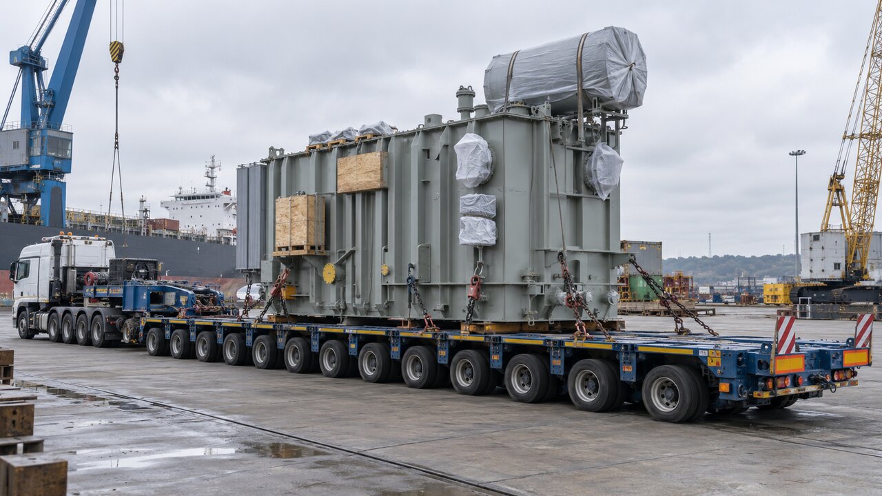 Oil-Immersed Transformer Heavy Transport Preparation Large oil-immersed transformer secured on a multi-axle trailer at a port logistics yard