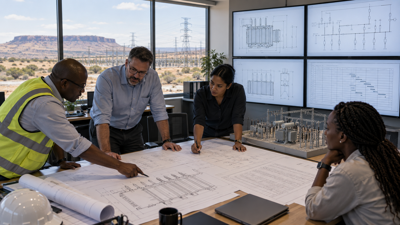 EPC engineers reviewing power transformer drawings and interface documents for a South African substation