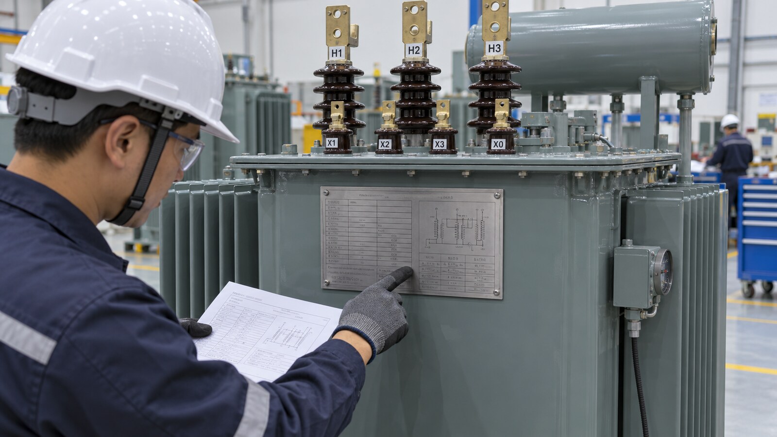 South Africa Industrial Transformer Tender Review: Impedance, Vector Group and Parallel Operation 7 Engineer comparing transformer terminal markings and nameplate information with a datasheet