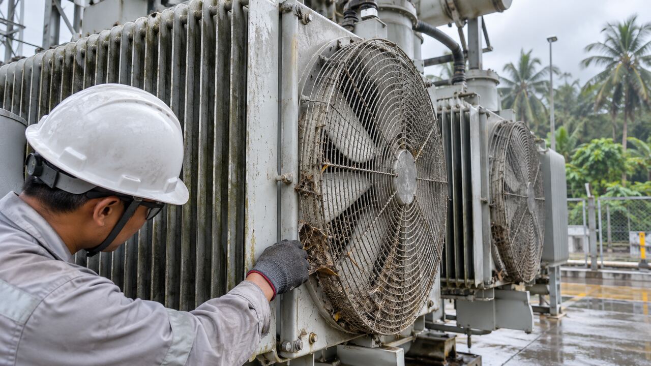 Transformer Radiator Dust Inspection Transformer radiator and cooling fan inspected for dust at a tropical mining site