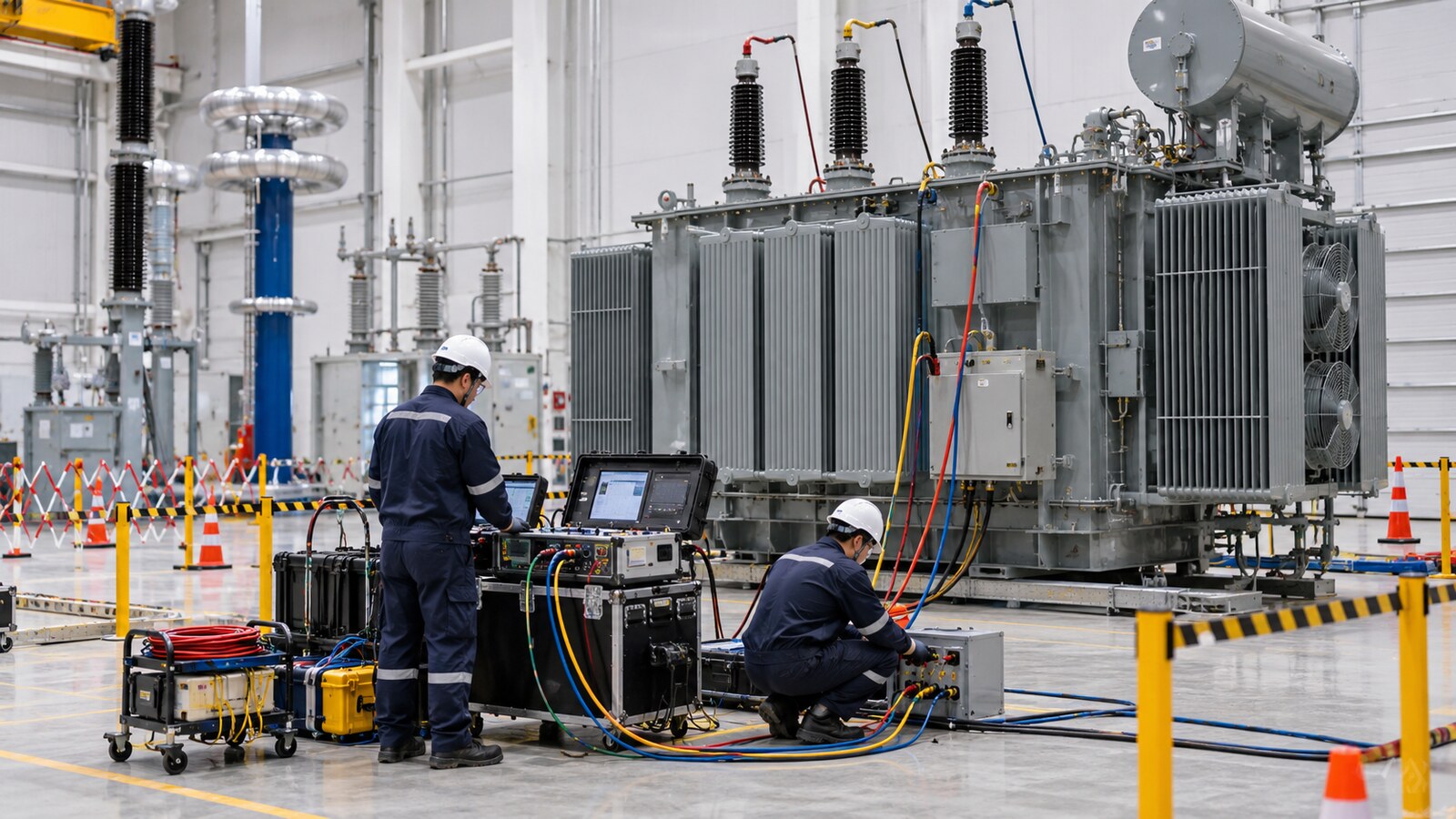 South Africa Industrial Transformer Tender Review: Impedance, Vector Group and Parallel Operation 6 Technicians conducting transformer ratio and impedance checks in a factory test bay
