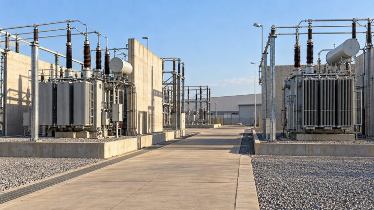 Two transformer bays separated by an access lane beside an industrial building