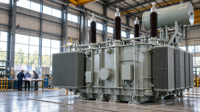 Oil-immersed power transformer in a factory inspection bay