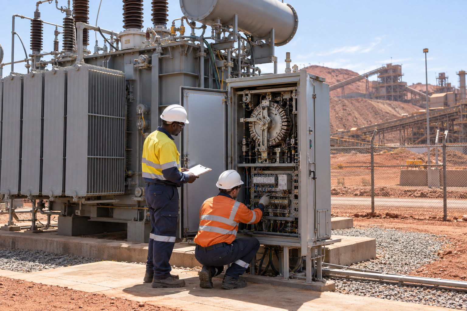Transformer Tap Changer Selection for Mining: African Project Control and Maintenance Options 5 Engineers inspecting transformer tap changer controls at an African mine