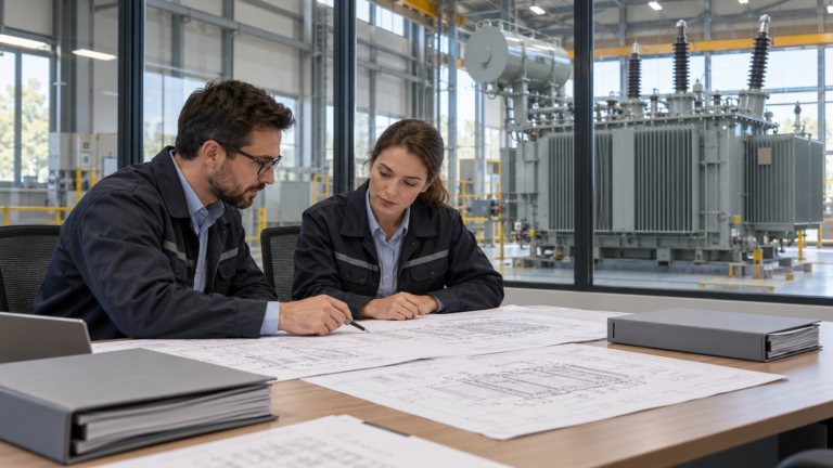 Engineers reviewing transformer drawings and procurement folders in an office
