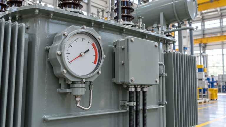 Analog winding temperature indicator and sealed terminal box on an oil-immersed transformer