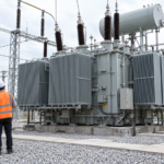 Engineers inspect an oil-immersed transformer before energization