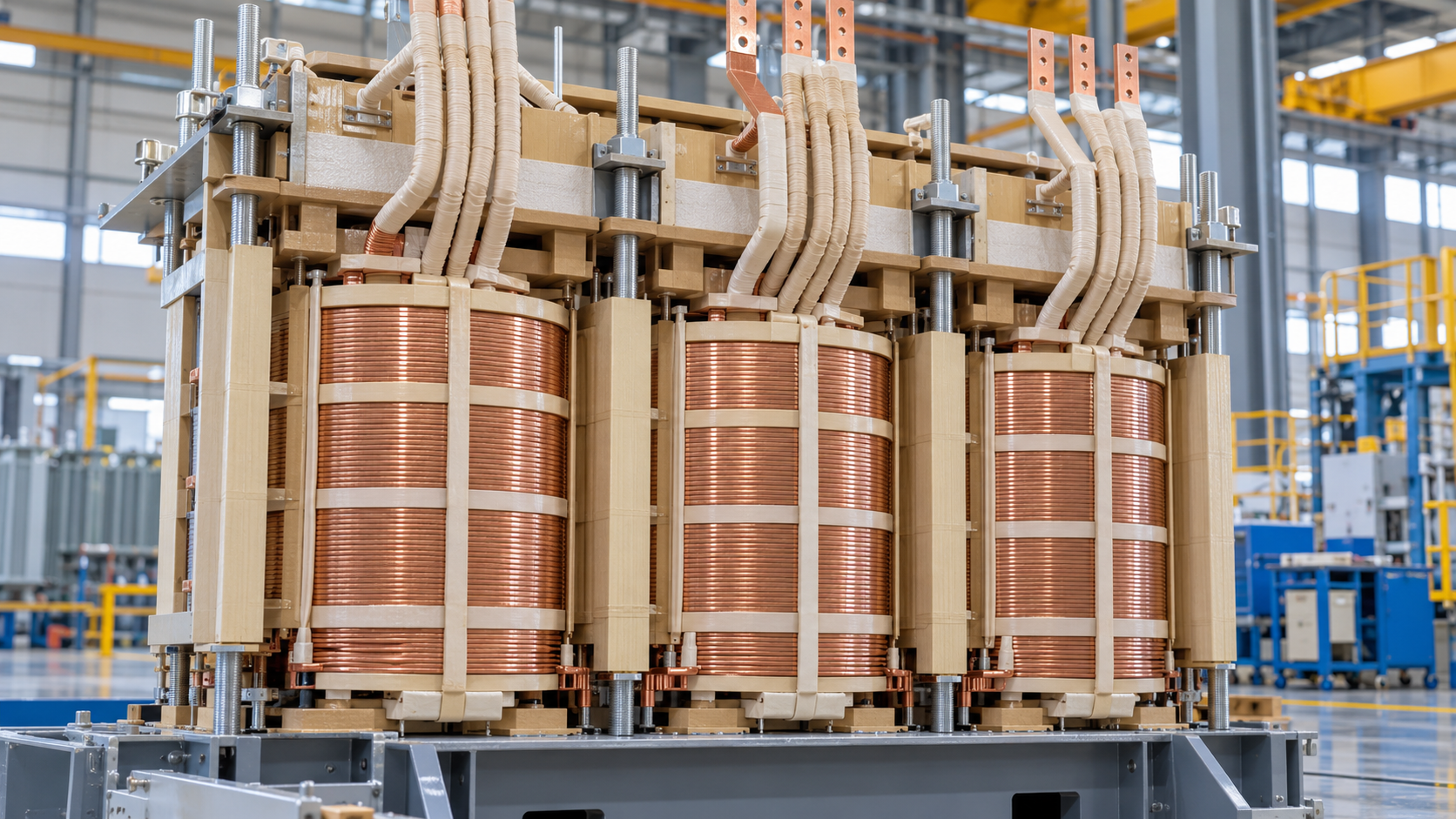 Transformer winding support review Transformer windings and clamping structure in a factory assembly area