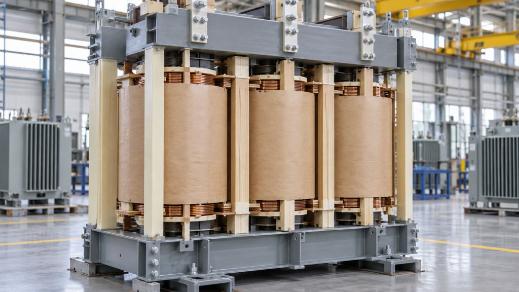 Conjunto de núcleo y bobinados de un transformador trifásico con elementos de sujeción estructurales en una fábrica