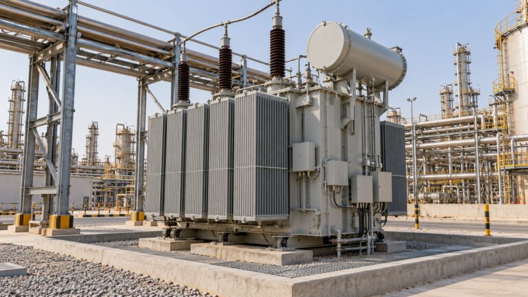 Oil immersed power transformer in a generic industrial service yard with pipe racks and access space