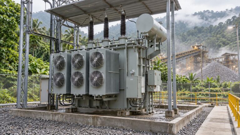 Oil-immersed transformer with radiators and cooling fans at a tropical mining facility