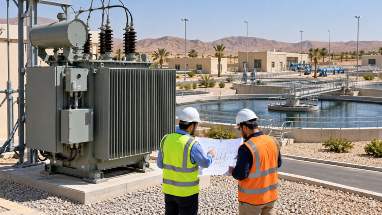 Oil-immersed transformer at a North African water-treatment facility with clarifiers and pump buildings