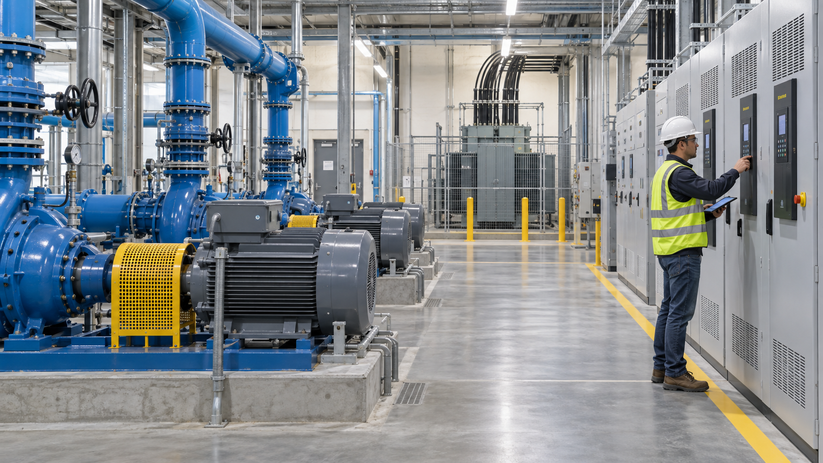 Large water-treatment pump motors supplied through variable-frequency drive cabinets