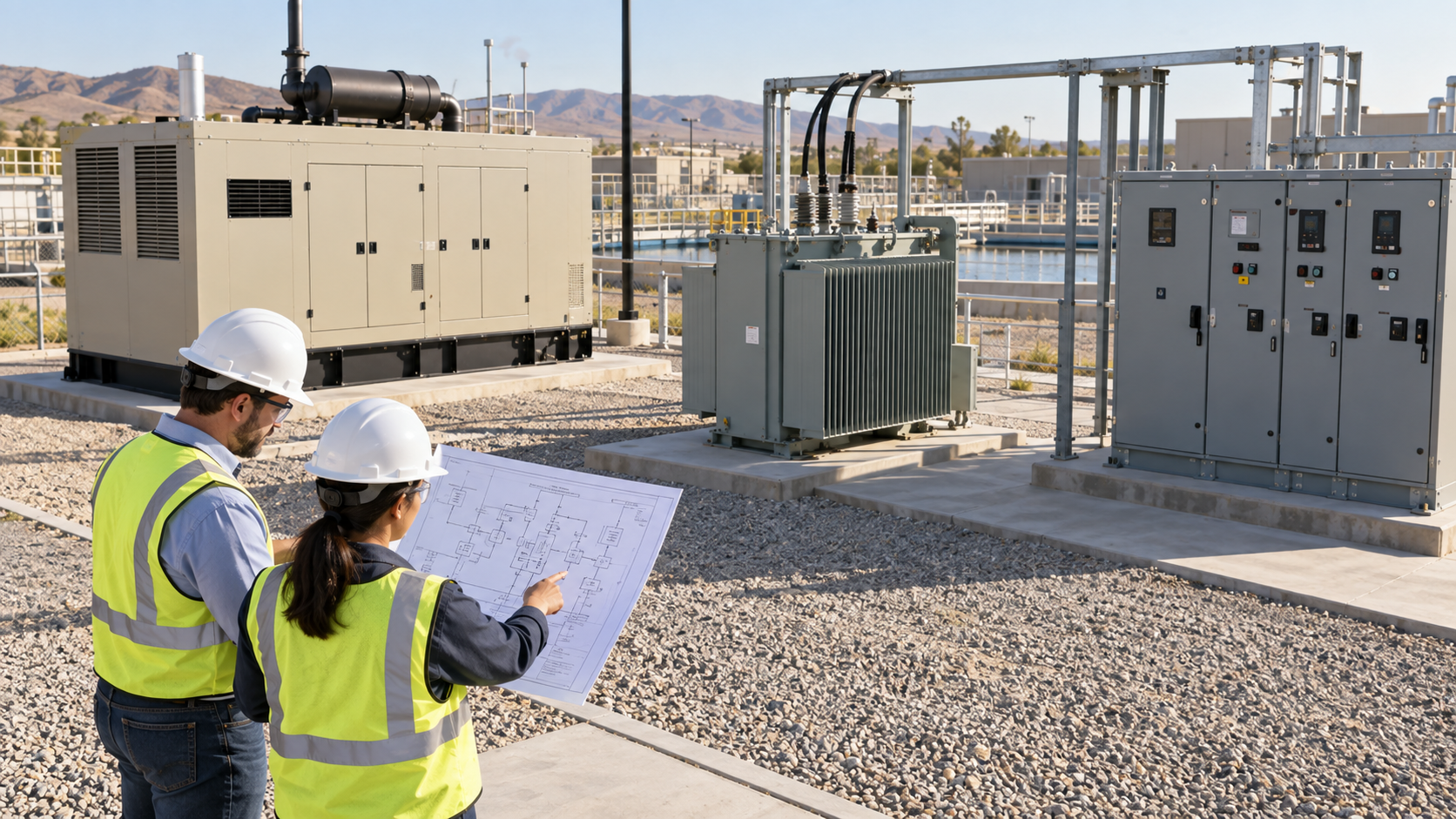 Standby generator, transformer and switchgear interface at a water-treatment plant