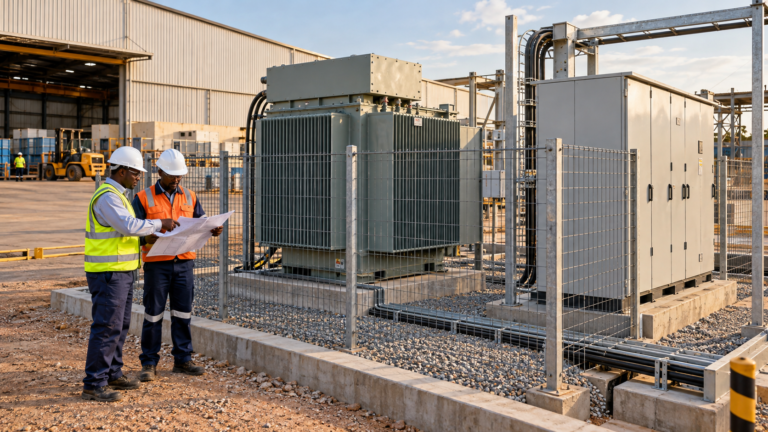 Engineers review a drawing beside an enclosed transformer and temporary distribution equipment.