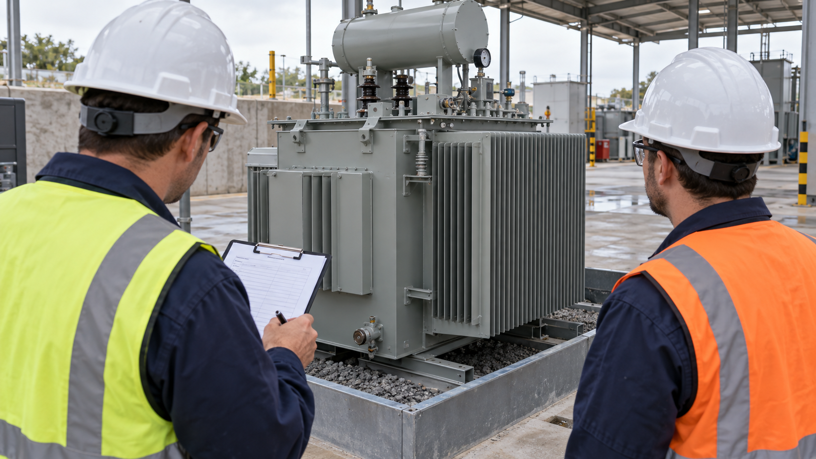 Transformer Return Condition Review Maintenance engineers review a checklist beside an oil-filled transformer in a service yard.
