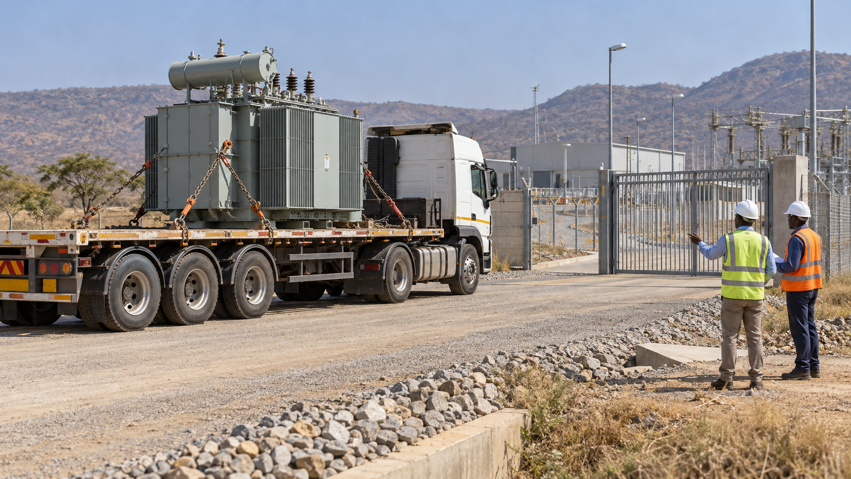 Transformer Delivery Access Review A transformer secured on a flatbed truck approaches an industrial facility gate.