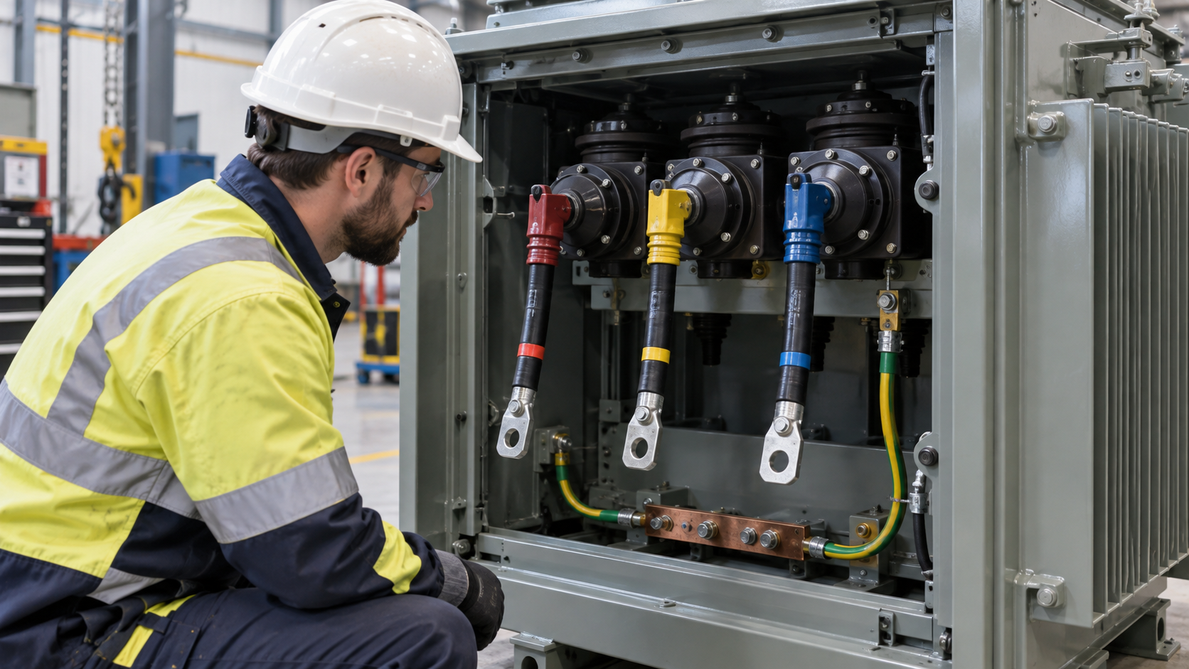 Transformer Cable Terminal Inspection Technician inspects disconnected phase leads and earth bonding inside a transformer terminal compartment.