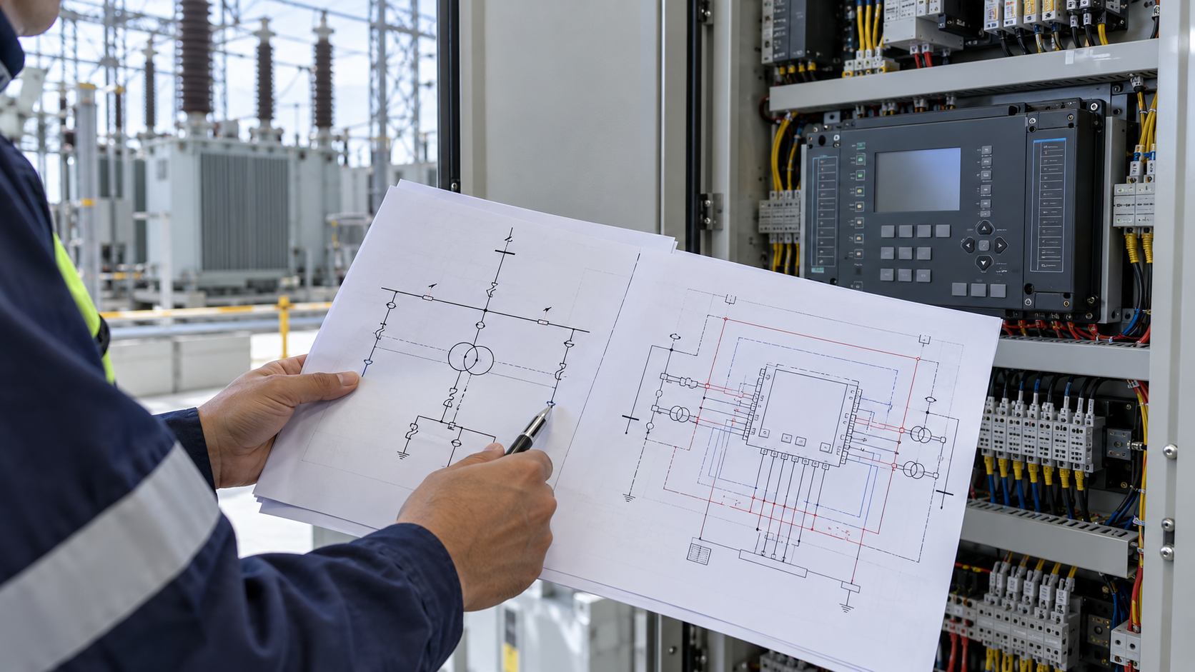 Transformer Protection Drawing Review Illustrative scene of an engineer checking a transformer protection single-line diagram beside a relay cabinet.