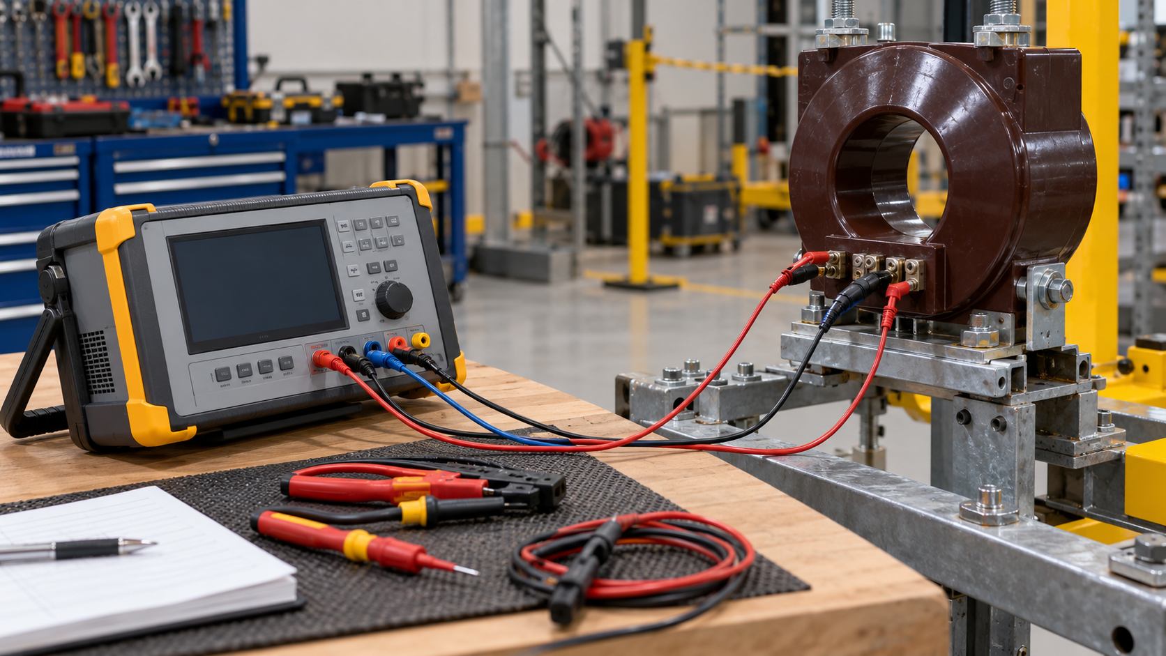 Current Transformer Bench Test Illustrative scene of a current transformer connected to a test instrument on an engineering bench.