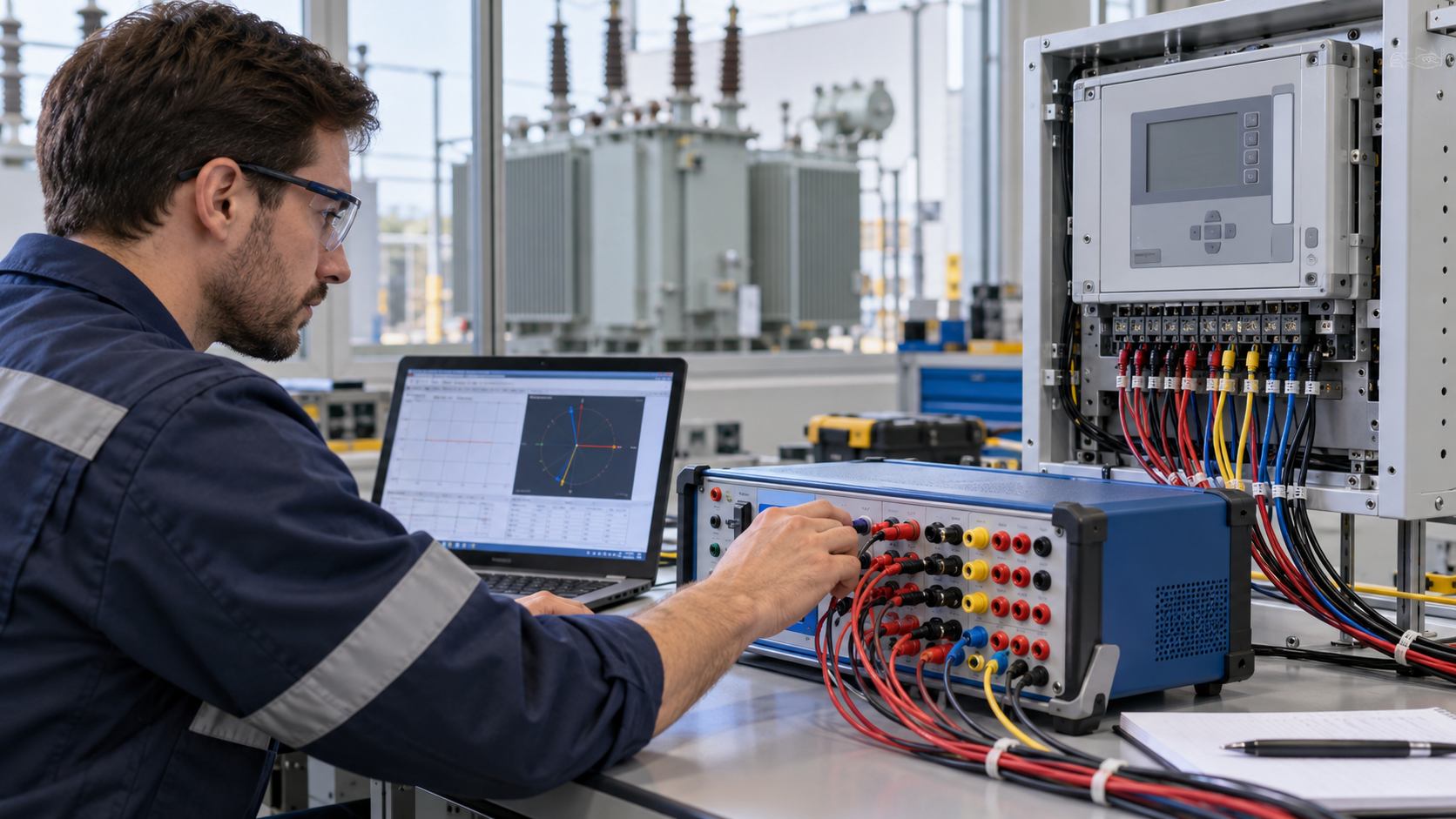 Protection Relay Test Bench Review Illustrative scene of an engineer reviewing transformer protection relay behavior at a test bench.