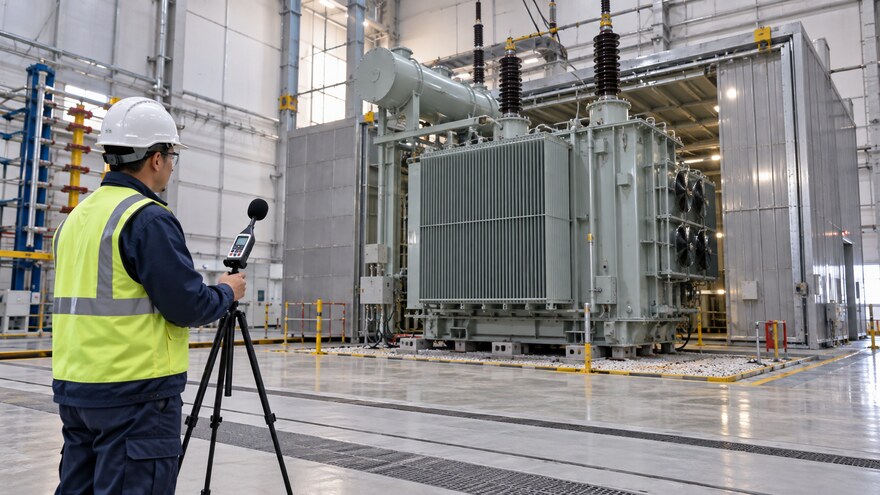 Transformer acoustic enclosure sound verification Engineers reviewing transformer acoustic enclosure procurement through sound measurements