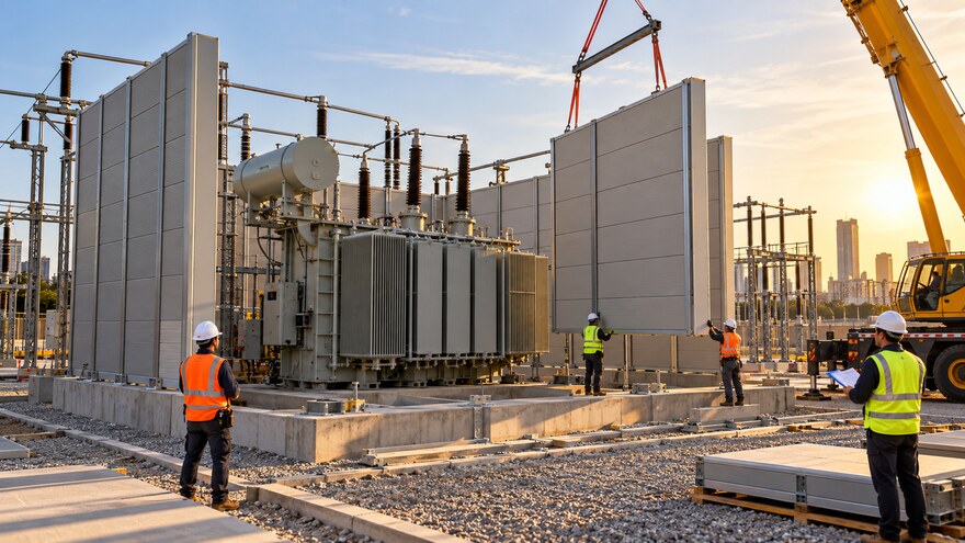 Urban transformer acoustic enclosure installation Modular acoustic enclosure panels being installed around a power transformer at an urban substation