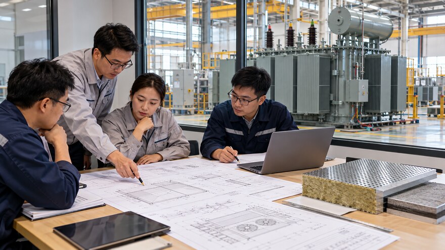 Transformer acoustic enclosure procurement review Engineering team reviewing transformer acoustic enclosure drawings and material samples
