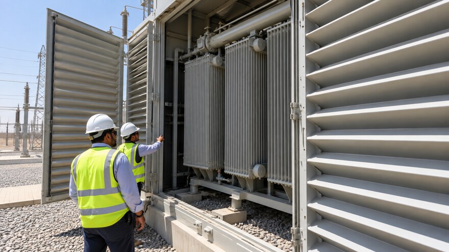 Acoustic enclosure ventilation and service access Engineers inspecting ventilation louvers and radiator access inside a transformer acoustic enclosure