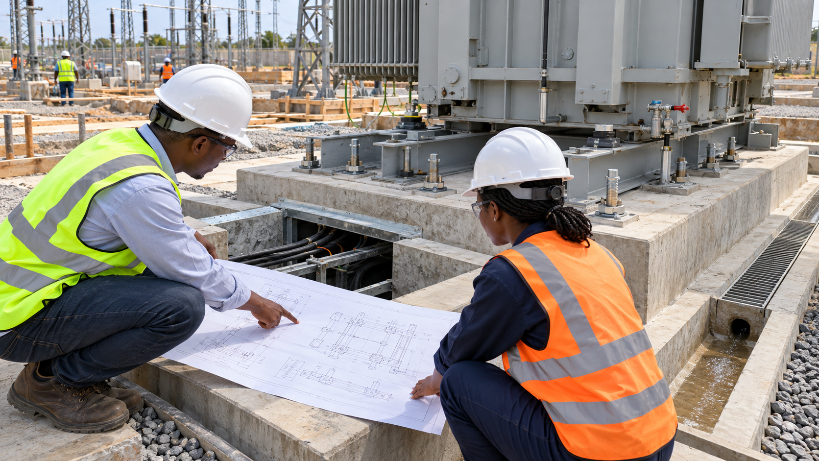 Transformer Foundation Handover for African EPC Sites: Plinth Tolerances, Base Frame and Oil Drainage 5 Engineers reviewing transformer base frame drawing beside anchor bolts cable trench and drainage