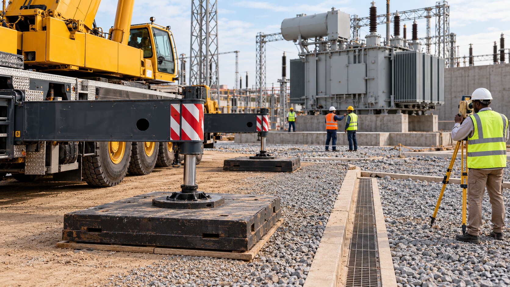 Crane outriggers on mats beside a transformer foundation at an EPC site Crane outriggers on mats beside a transformer foundation at an EPC site
