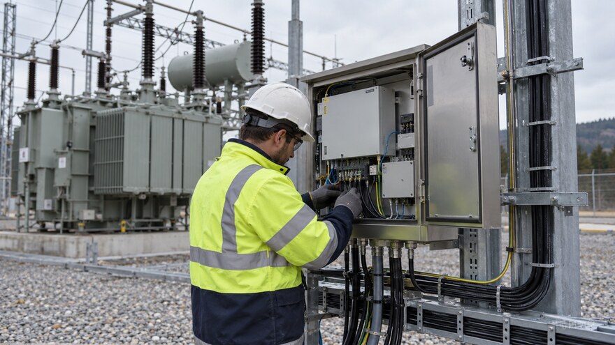 Online DGA Cabinet Power and Communication Interface Check Technician checking auxiliary power and communication interfaces in an online DGA monitoring cabinet