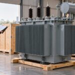 Oil immersed transformer prepared for dispatch with shipping documents and packing crates