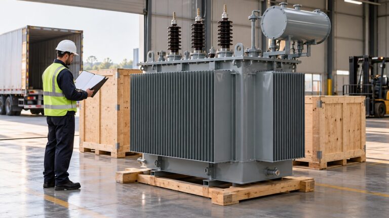 Oil immersed transformer prepared for dispatch with shipping documents and packing crates