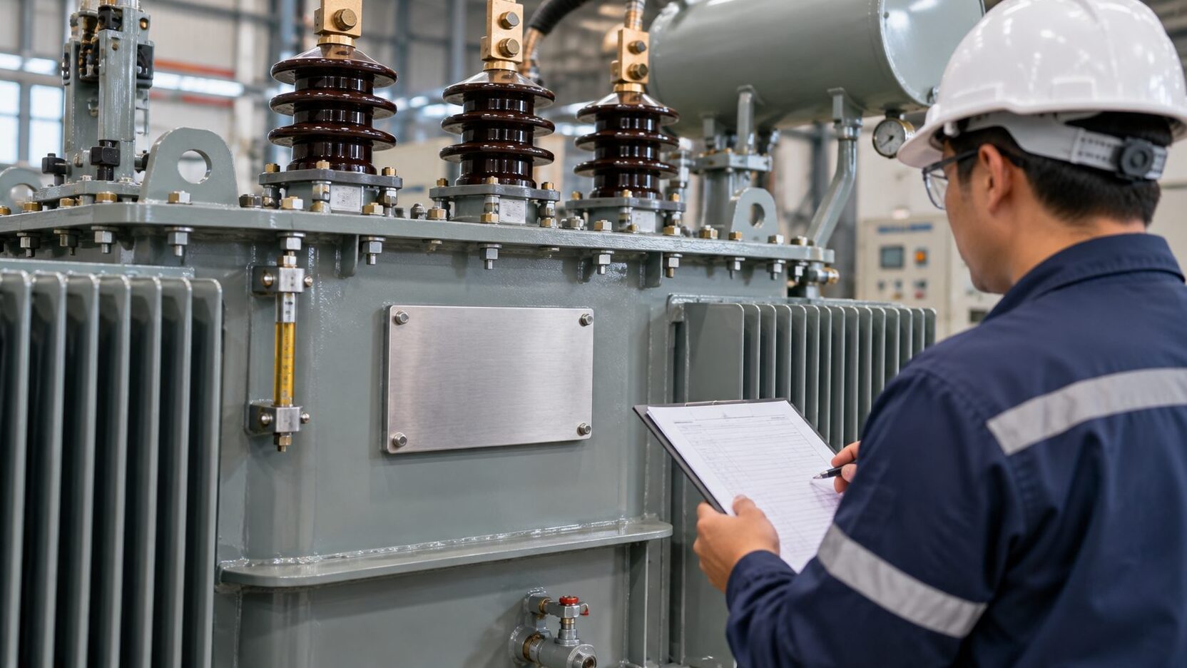 Inspector comparing a transformer nameplate with equipment records Inspector comparing a transformer nameplate with equipment records