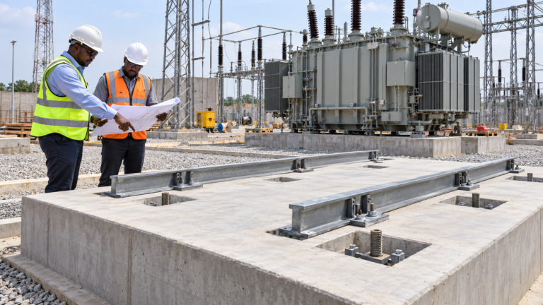 Engineers inspecting transformer foundation rails and anchor pockets at an EPC substation
