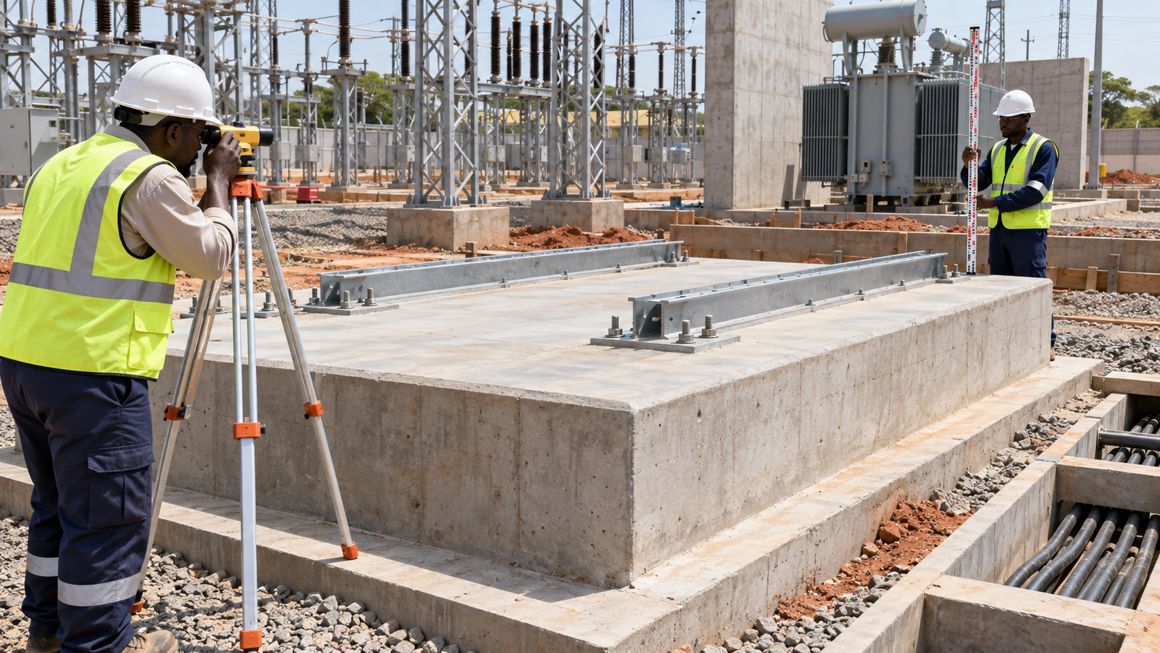 Transformer Foundation Handover for African EPC Sites: Plinth Tolerances, Base Frame and Oil Drainage 4 Surveyors checking transformer plinth elevation and mounting rail level before installation