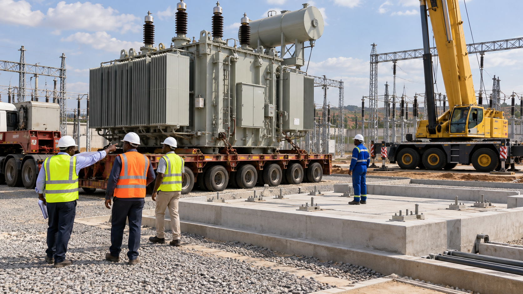 Transformer Foundation Handover for African EPC Sites: Plinth Tolerances, Base Frame and Oil Drainage 6 Engineers reviewing transformer transport and foundation readiness before installation