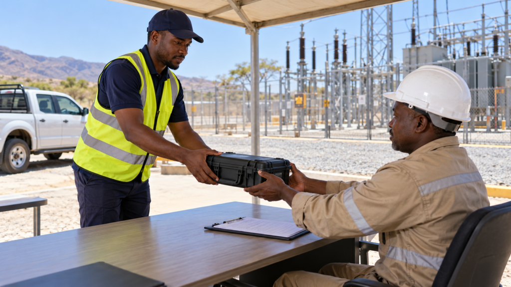 Transformer Oil Sample Courier Handover Courier and maintenance coordinator handing over a protective sample case beside a substation