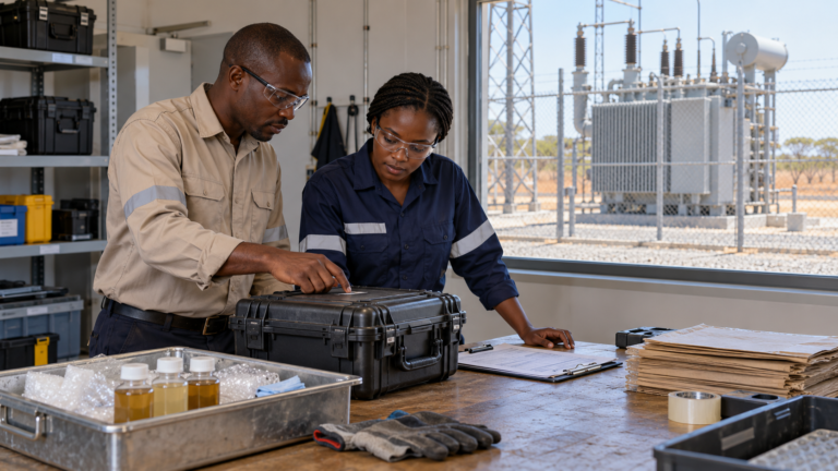 Engineers reviewing transformer oil sample logistics and a protective transport case in a dispatch room