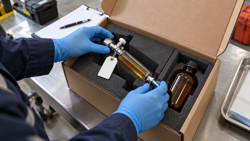 Transformer Oil Sample Protective Packaging Gloved hands placing a glass oil sampling syringe and amber bottle in protective foam packaging
