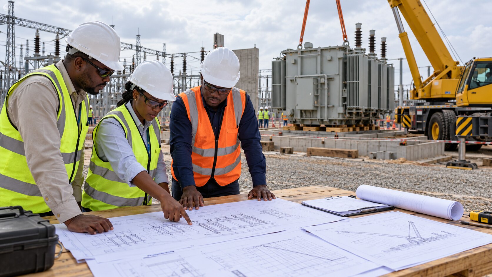 EPC engineers reviewing transformer drawings and crane lift documents Transformer lifting plan review with EPC engineers checking drawings and crane documents