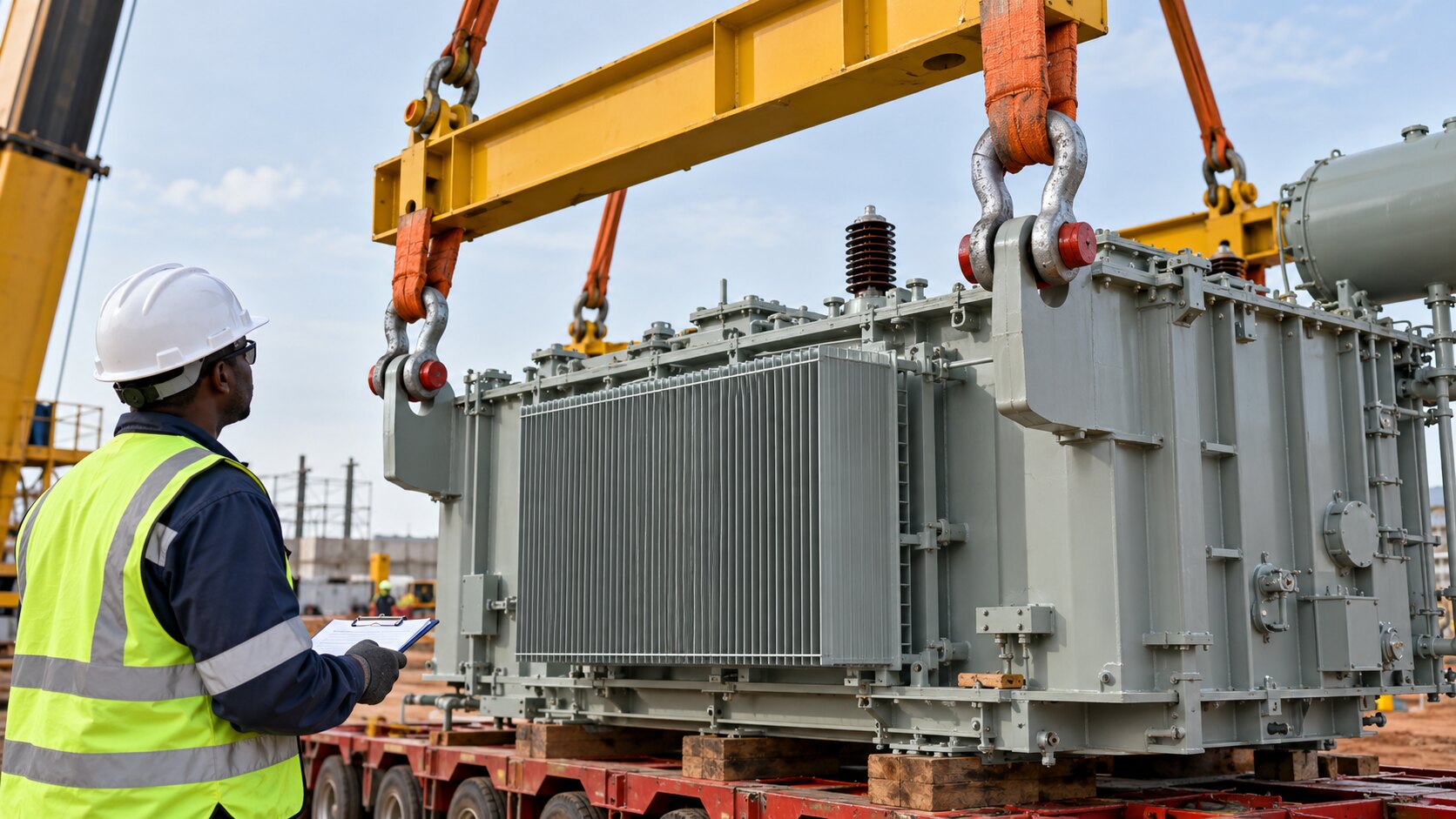 Engineer inspecting transformer lifting lugs, shackles and spreader-beam rigging Engineer inspecting transformer lifting lugs, shackles and spreader-beam rigging