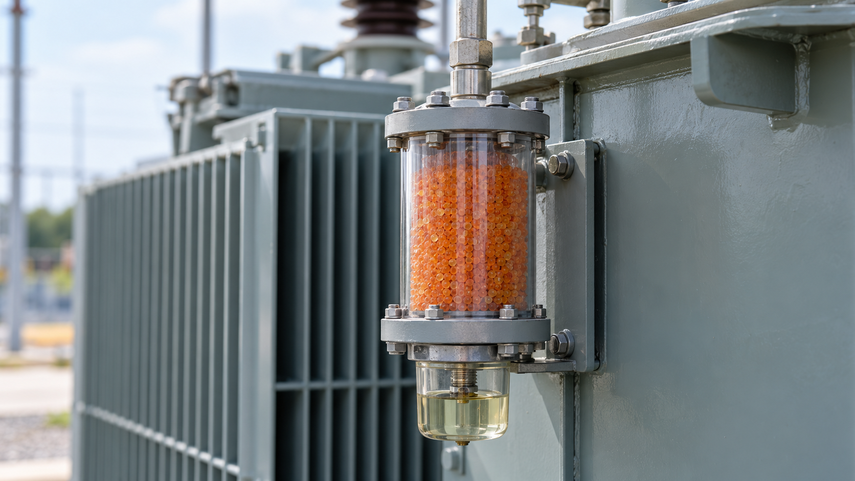 Conventional Breather Desiccant and Oil Cup Transparent transformer breather containing orange desiccant above a clear oil cup