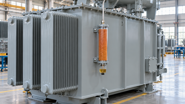 Orange desiccant breather mounted beside transformer radiators on a factory floor