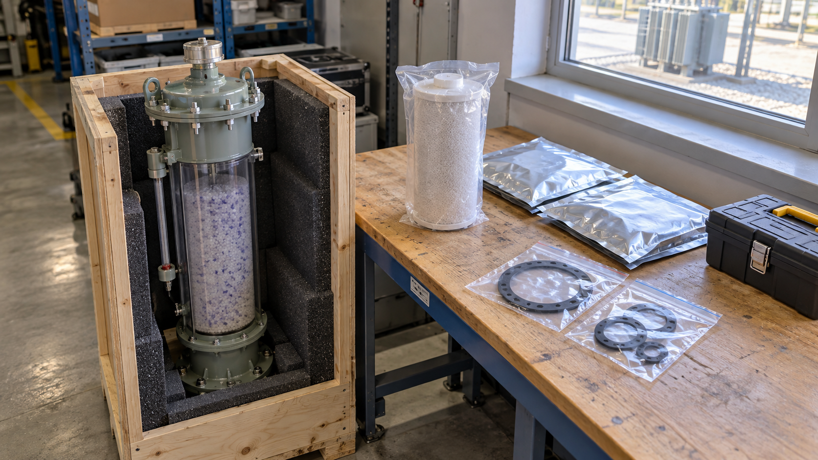 Transformer Breather Spares Storage Breather assembly, packaged cartridge and sealed gaskets on a maintenance storeroom bench