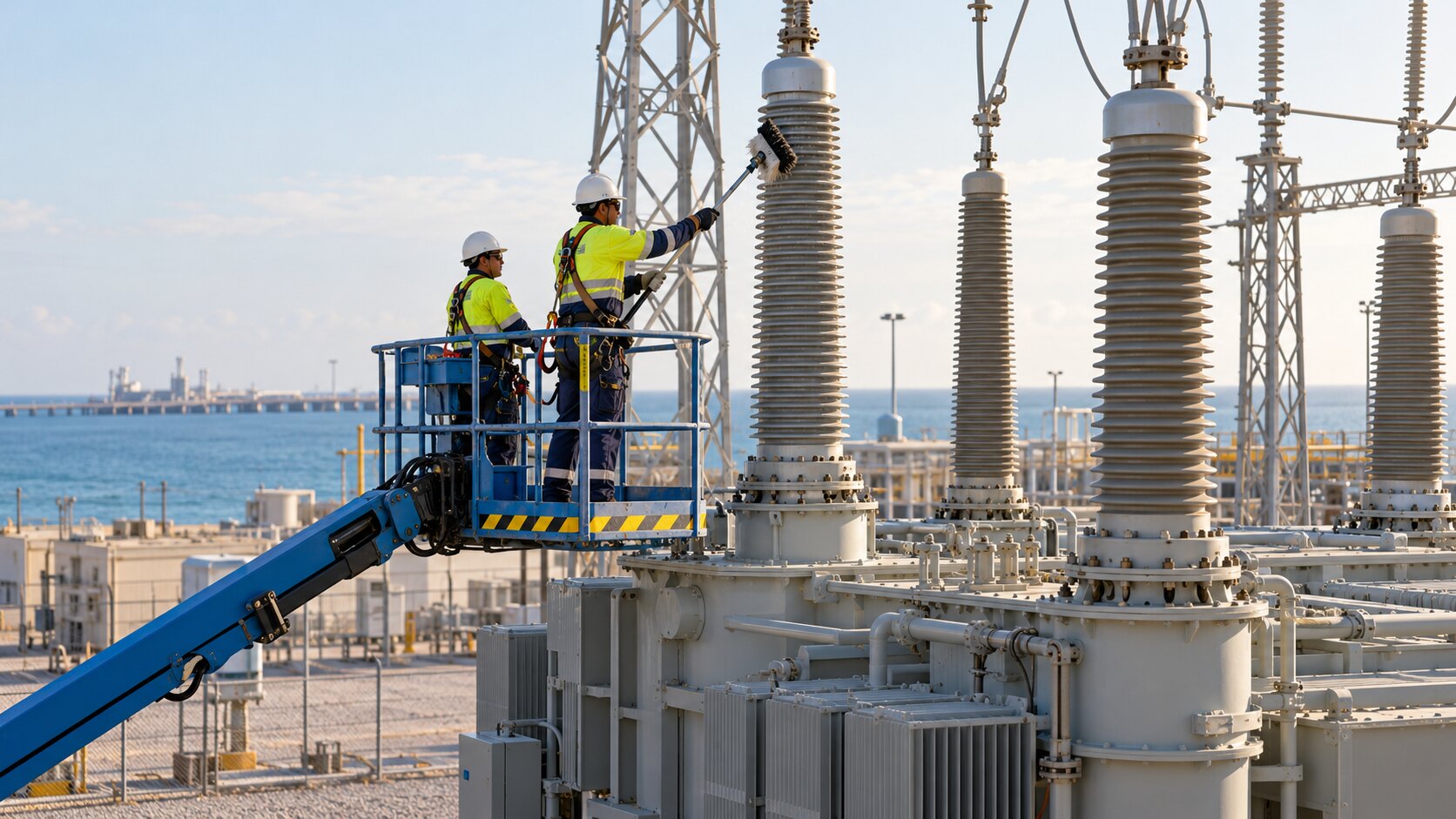 Maintenance crew inspecting outdoor transformer bushings from a safe access platform