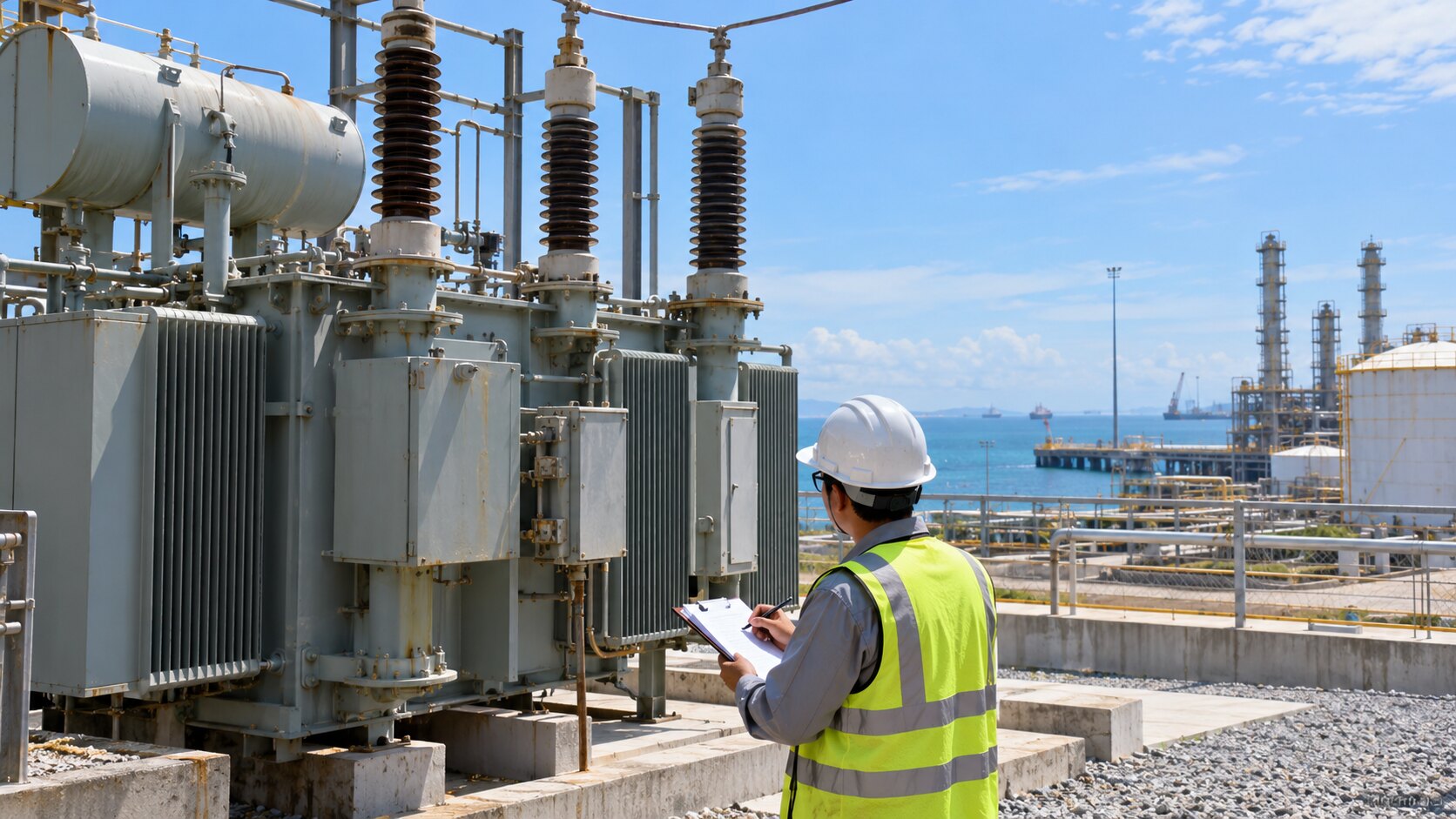 Engineer surveying salt and dust exposure around an outdoor transformer