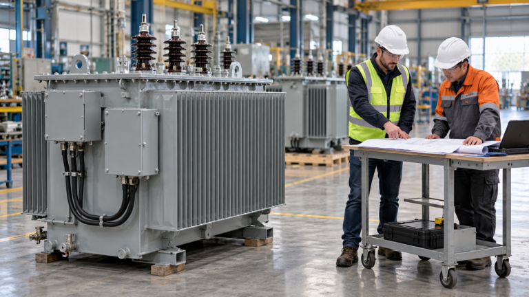 Two engineers review drawings beside a transformer in a factory