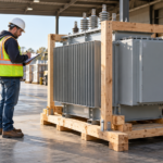 Receiving inspector reviews documents beside a crated transformer